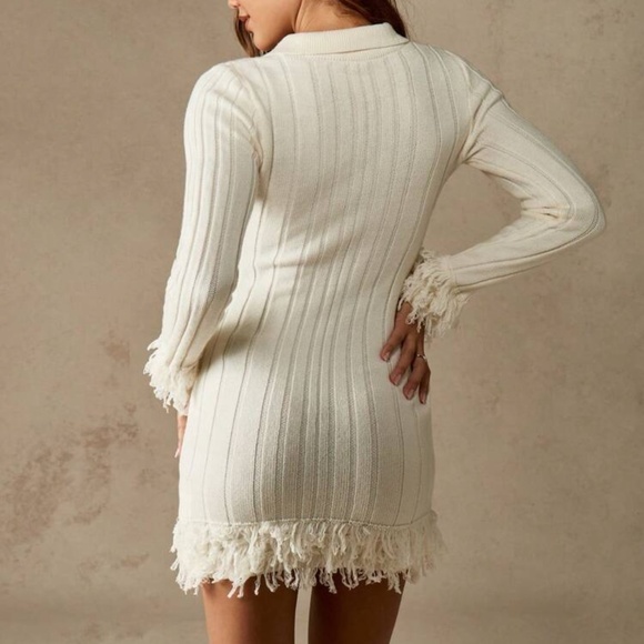 MISSGUIDED Ribbed Knit Mini Dress With Fringe Winter Long Sleeve Turtleneck - Picture 2 of 7